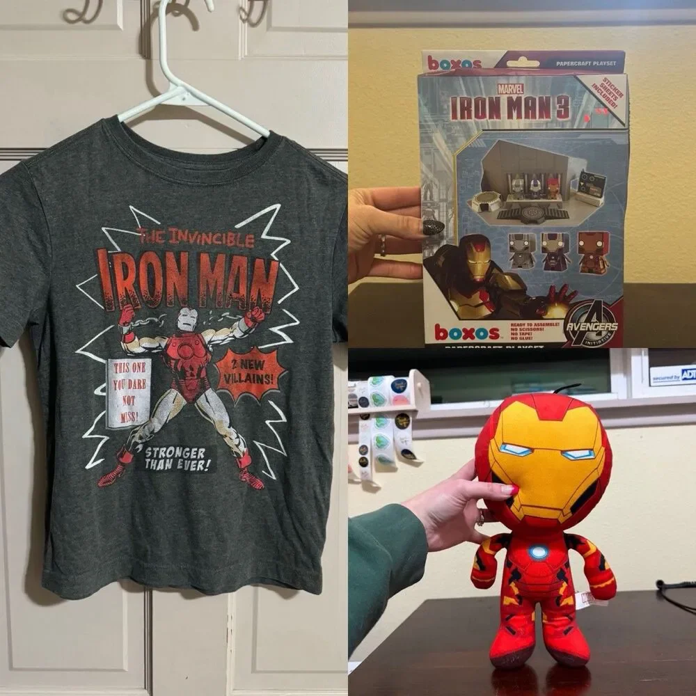 Boys Iron Man Lot - T-shirt Size Medium, Iron Man Plush & Papercraft Play Set